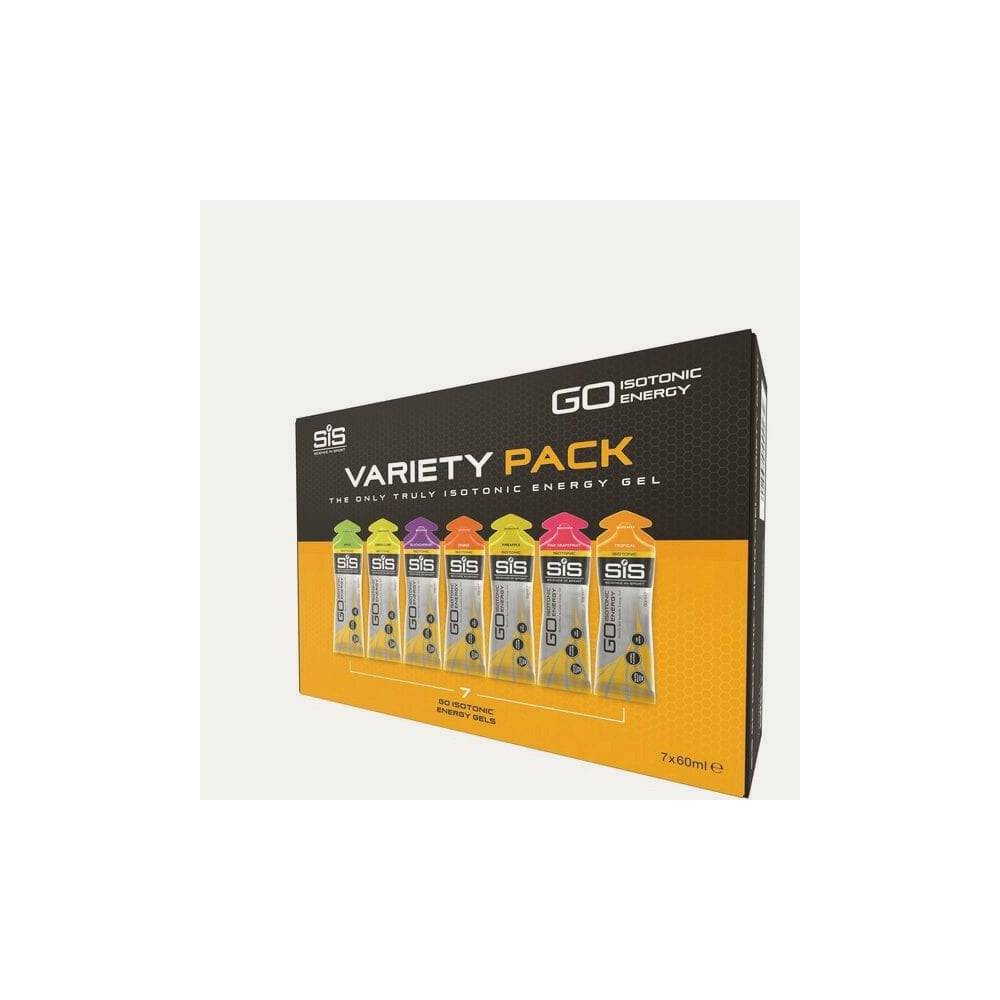 Science In Sport GO Isotonic Energy Gel Variety Pack with 7 mixed flavors, designed for athletes' energy and hydration.