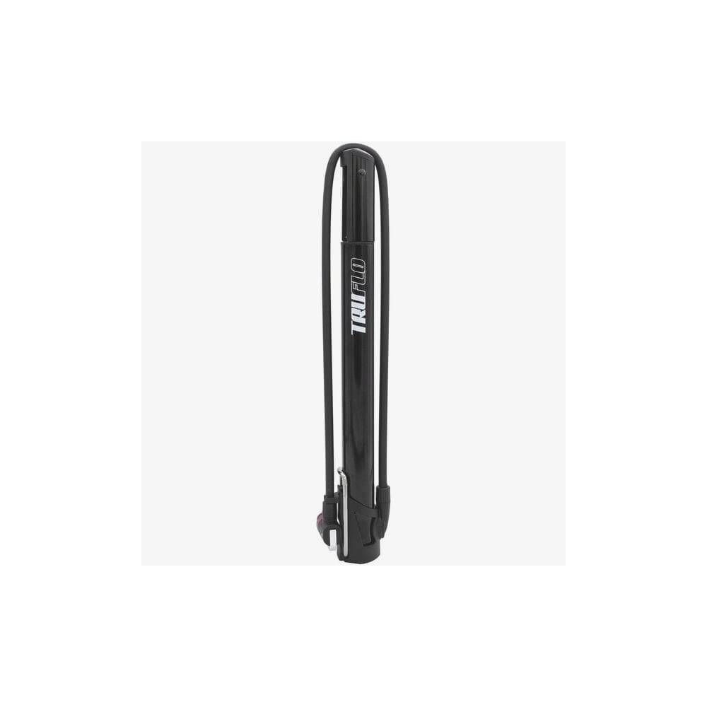 Truflo Air Flow MiniTrax CNC mini floor pump with long hose and frame mount, bike pump for easy tire inflation.