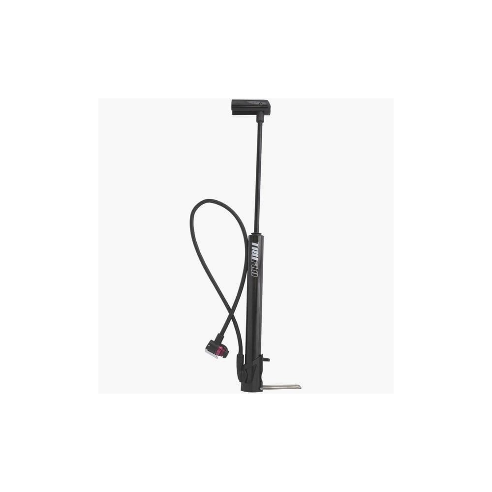 Truflo Air Flow MiniTrax CNC mini floor pump with long hose and frame mount for bike tire inflation.