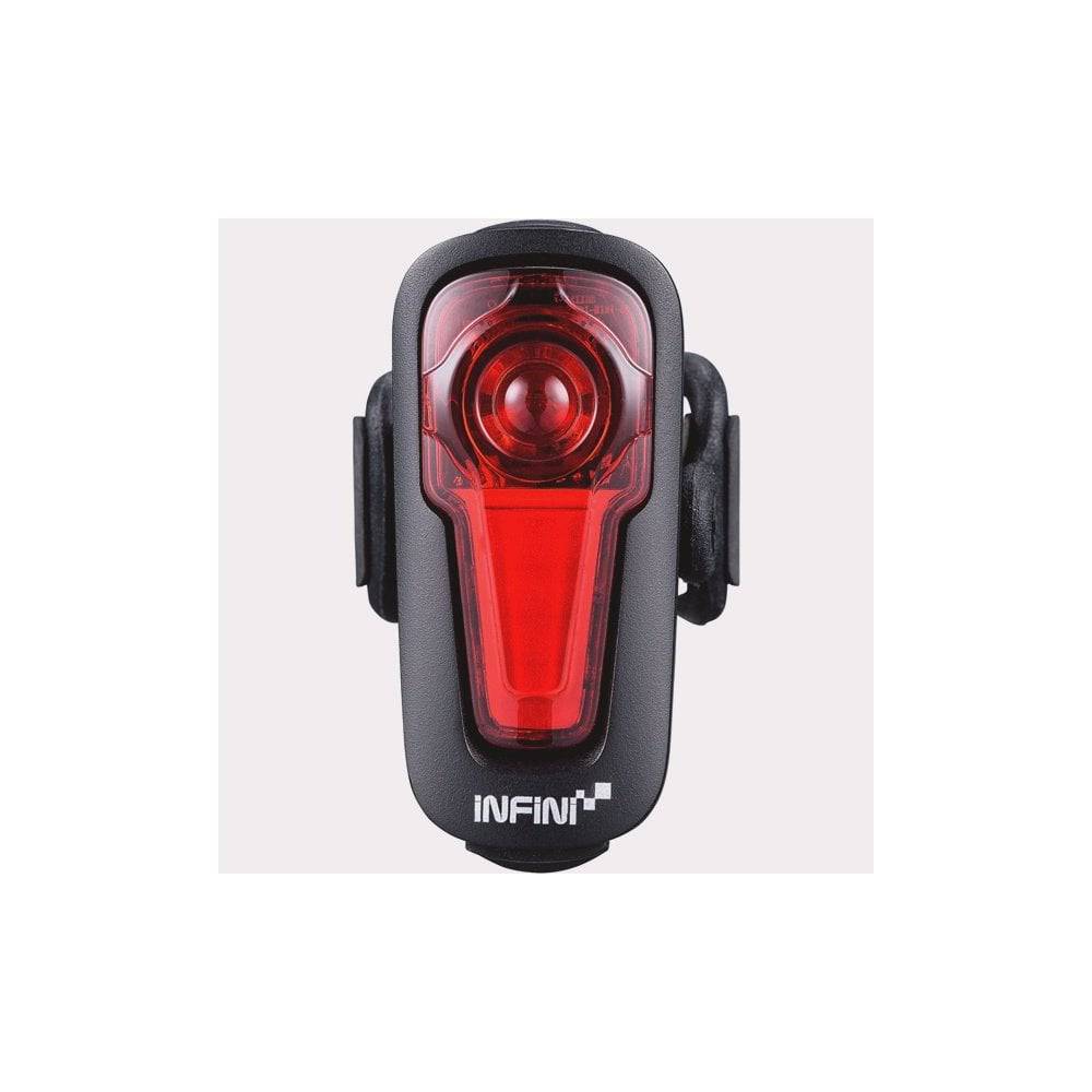 Infini Metis rechargeable rear light with automatic brake light function, showing the compact design and LED indicators.