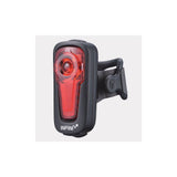 Infini Metis rechargeable rear light with automatic brake light function, mounted on bike, showing bright LED illumination.