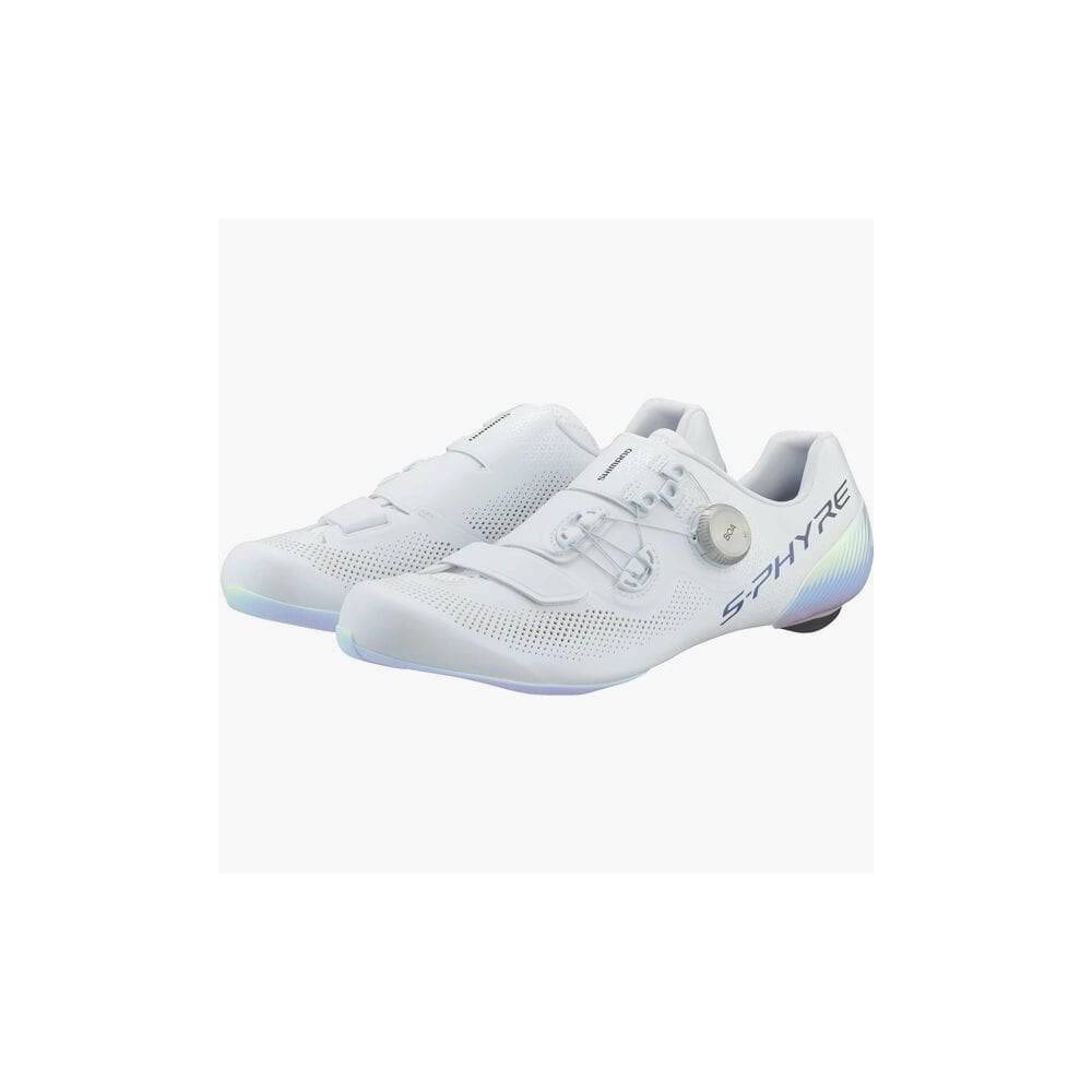 Shimano S-PHYRE RC9 PWR road cycling shoes with BOA Li2 closure system, black with sleek design and Shimano branding.
