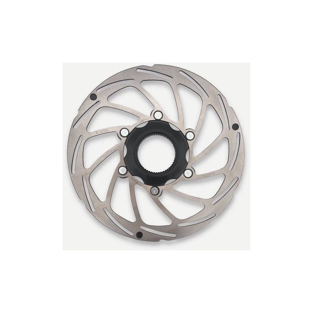 Aztec stainless steel 2mm fixed centre-lock disc brake rotor for bicycle components, showing the rotor's detailed surface design.