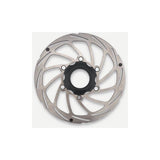 Aztec stainless steel 2mm fixed centre-lock disc brake rotor for bicycle components, showing the rotor's detailed surface design.