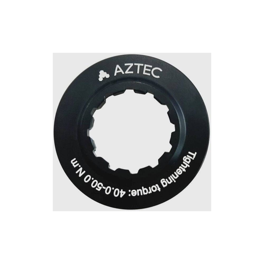 Aztec Centre Lock Lockring with washer for secure bicycle rotor attachment, close-up of the metal component.