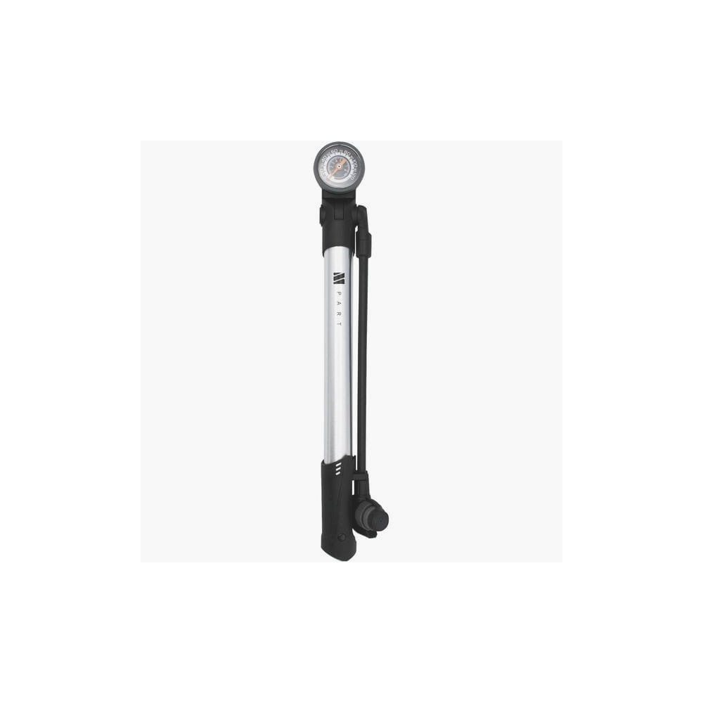 M Part Mini floor pump with dial gauge, reversible valve head, and frame bracket for bike tire inflation.
