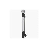 M Part Mini floor pump with dial gauge, reversible valve head, and frame bracket for bike tire inflation.