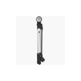 M Part Mini floor pump with dial gauge, reversible valve head, and frame bracket for bike tire inflation.