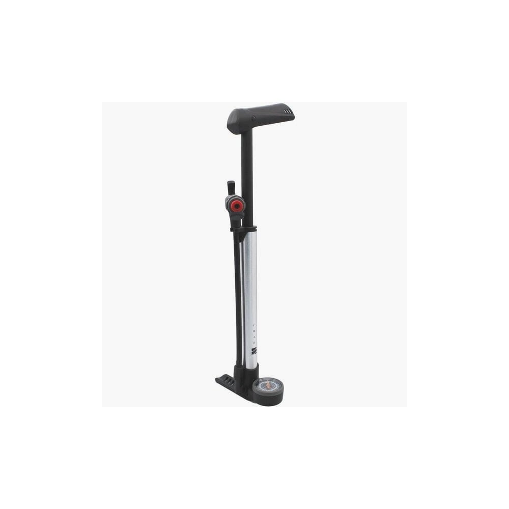 M Part mini floor pump with dial gauge, reversible valve head, and frame bracket for bike tire inflation.