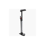 M Part mini floor pump with dial gauge, reversible valve head, and frame bracket for bike tire inflation.