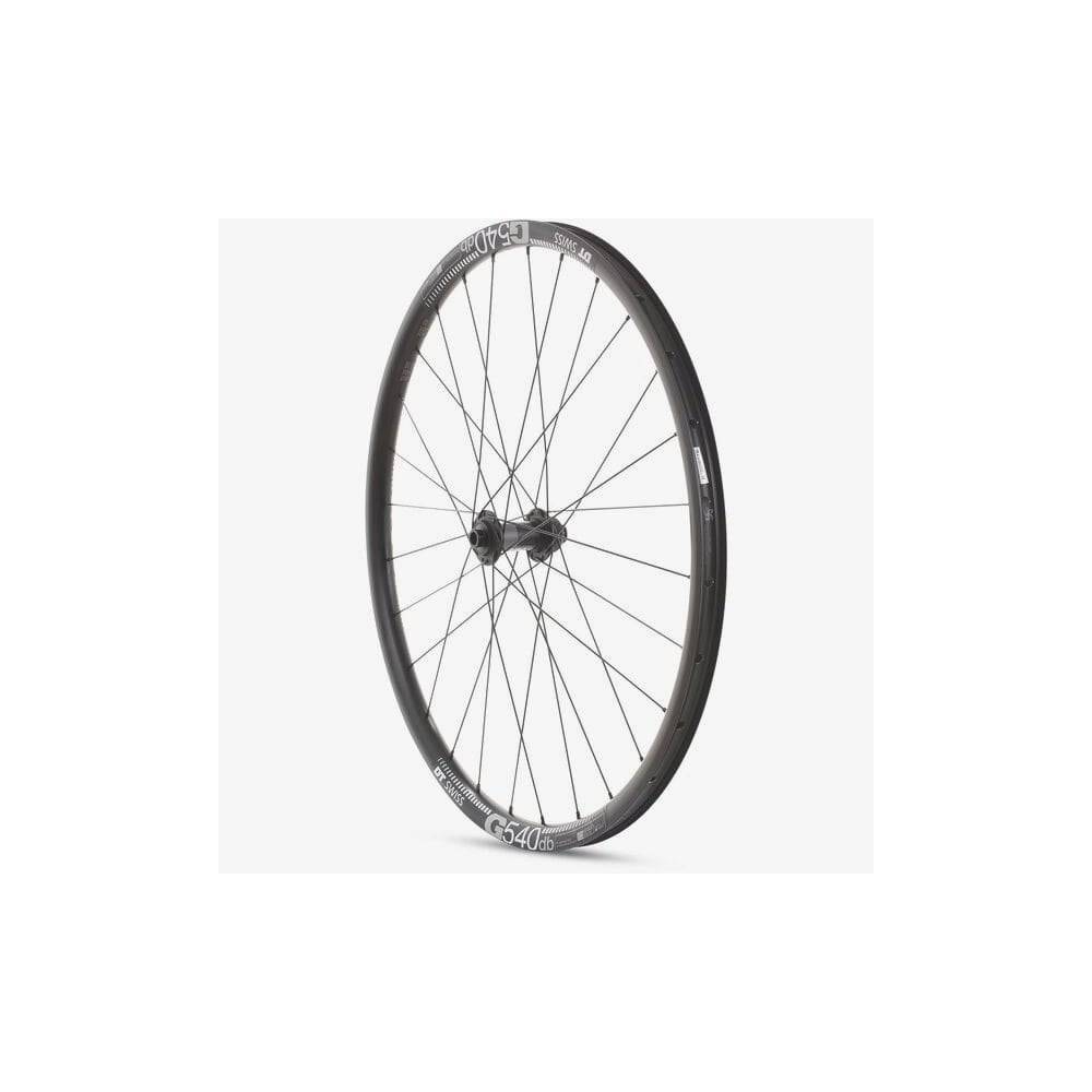 Black M Part Wheels gravel front wheel with DT 370 hub, 650B size, 100x12mm thru-axle, TLR rim for off-road riding.