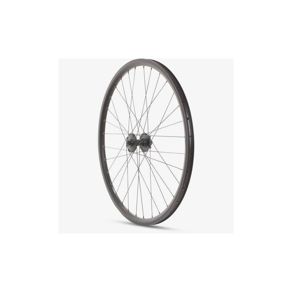 Black M Part Wheels MTB gravel front wheel with Shimano Deore 6B hub, QR 100mm axle, 650B TLR rim for mountain biking.