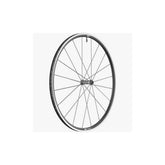 DT Swiss P 1800 SPLINE front clincher wheel with 23x18mm tubeless-ready design for road bikes, featuring sleek black spokes and rim.