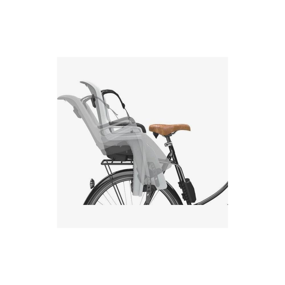 Thule RideAlong 2 rear child bike seat with adjustable straps for kids aged 9 months to 6 years, mounted on a bicycle.