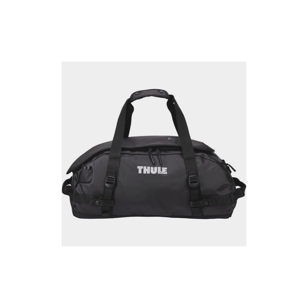 Thule Chasm Duffel Bag with convertible backpack straps and durable wheels, outdoor travel accessories in black.