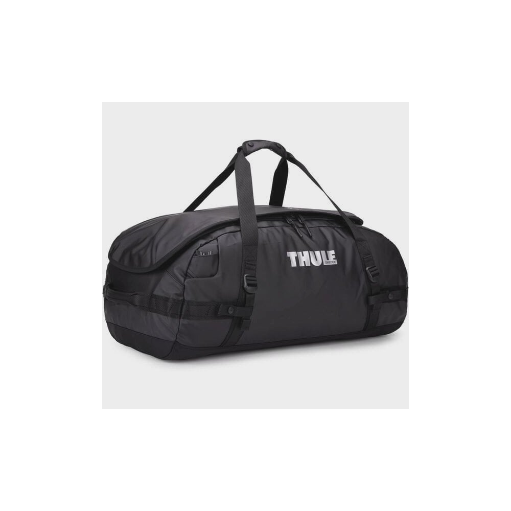 Thule Chasm Duffel Bag with convertible backpack straps and durable wheels, black outdoor gear accessory.