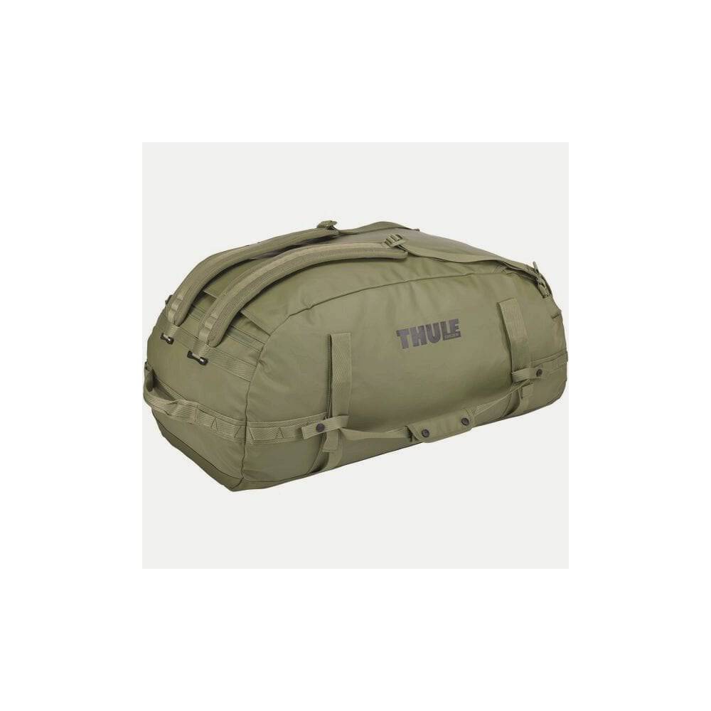 Thule Chasm Duffel Bag with convertible backpack straps and durable wheels, black, showing sleek design and sturdy construction.