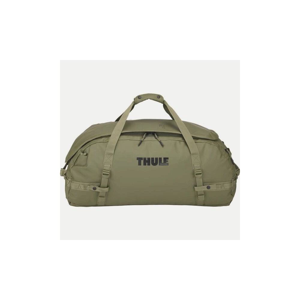 Thule Chasm Duffel Bag with convertible backpack straps and durable wheels, showing its rugged design and carry handles.