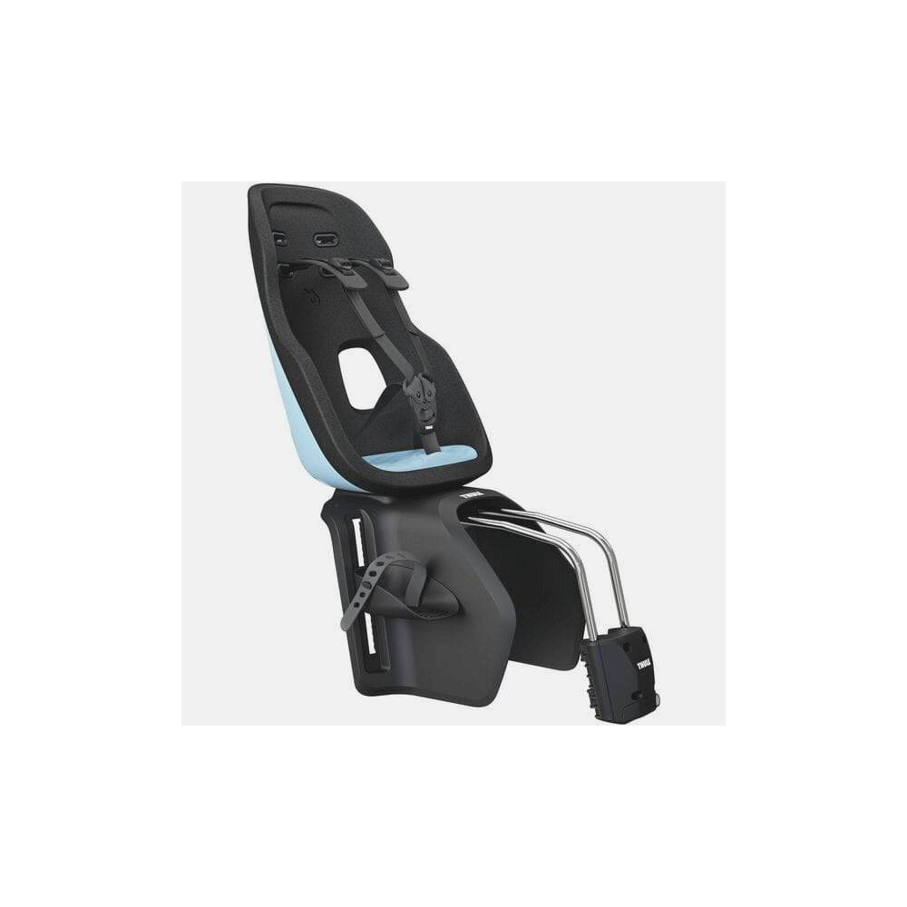 Thule Yepp Nexxt 2 Maxi child seat with frame mount, suspension, and safety buckle for bike accessories.