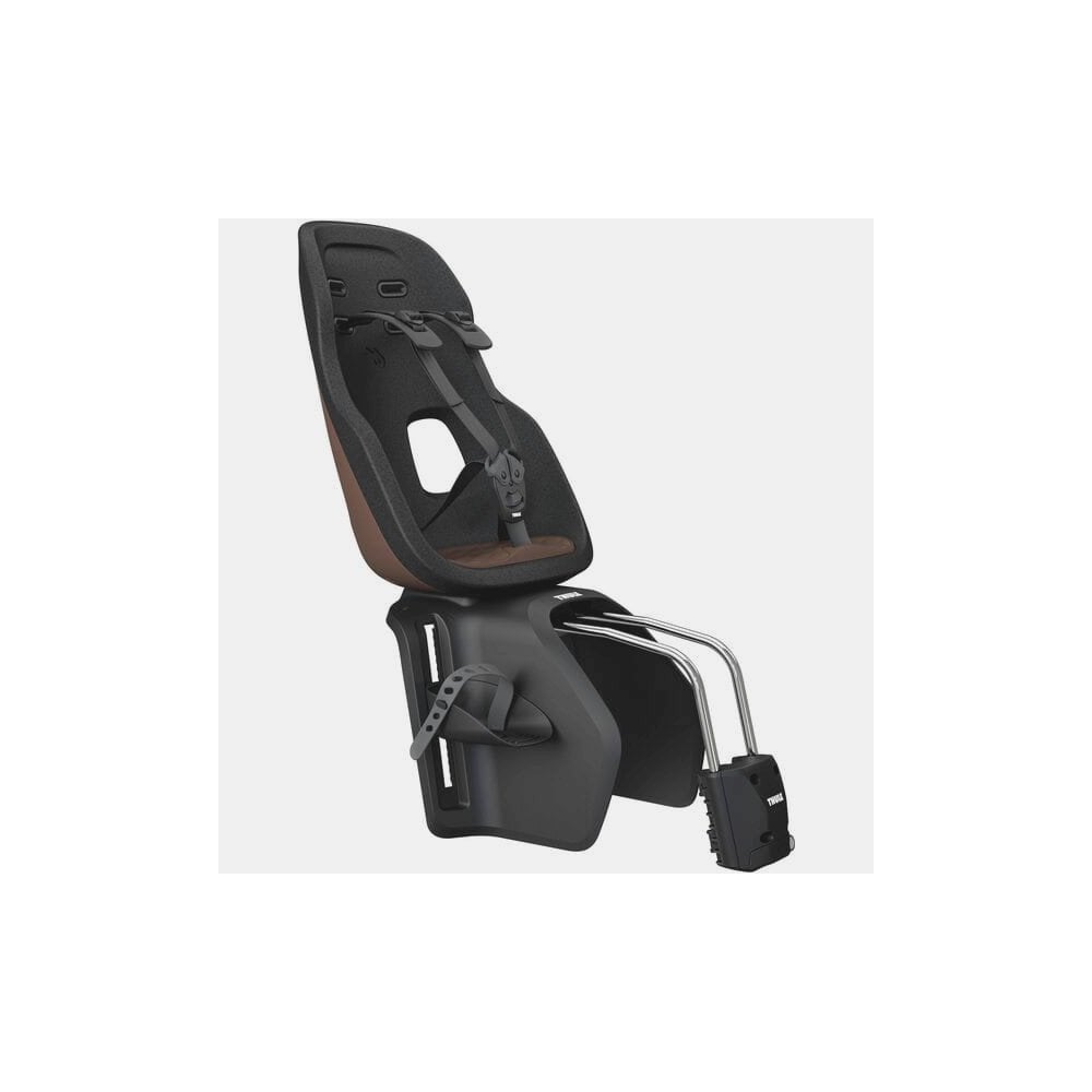 Thule Yepp Nexxt 2 Maxi frame mount child seat with suspension and safety buckle, designed for bike accessories.