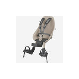 Urban Iki TA-KE front child seat for bikes, weather-resistant and safe, shown installed on a bicycle with children seated.