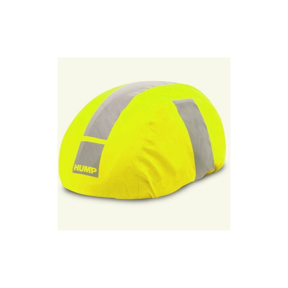 HUMP reflective waterproof helmet cover with elastic fit designed for adult helmets, providing visibility and protection.