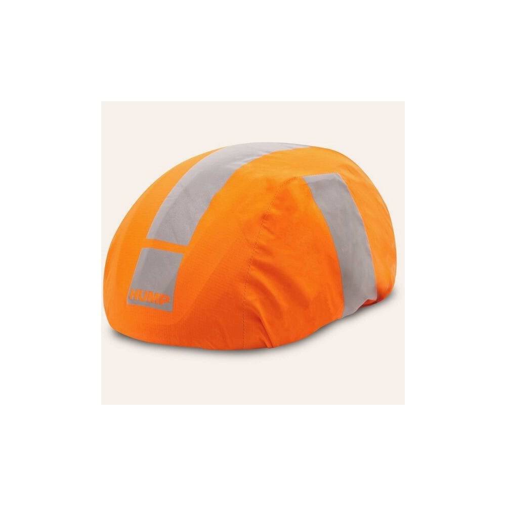 HUMP reflective waterproof helmet cover with elastic fit for adult helmets, providing visibility and protection in bad weather.