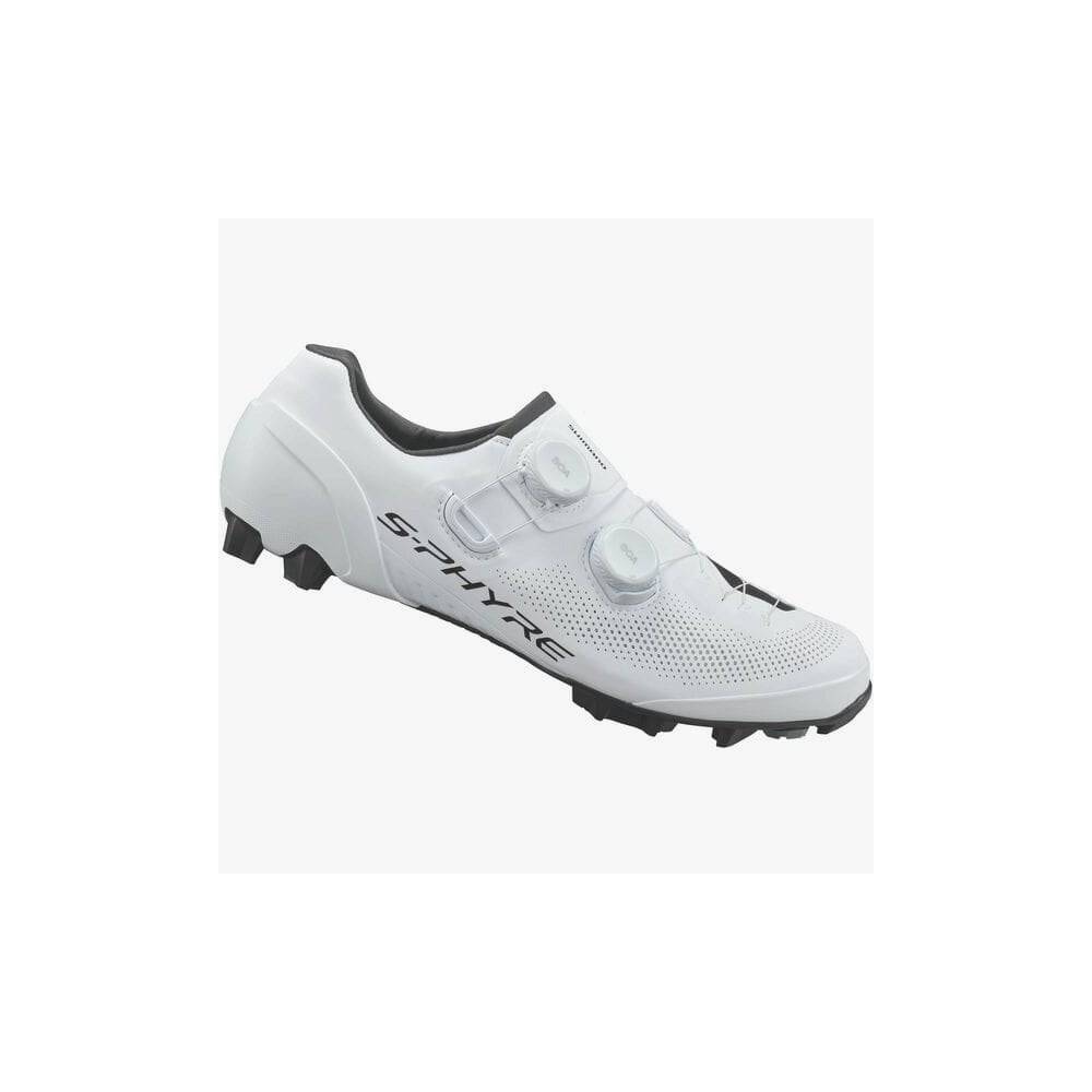 Shimano S-PHYRE XC9 MTB cycling shoes with black and red design, featuring cleats and breathable upper for cross country racing.