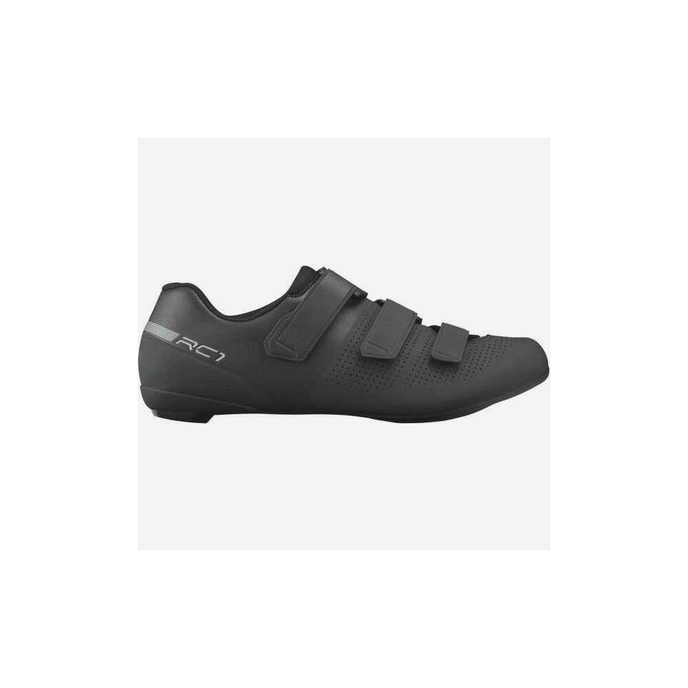 Shimano RC1 unisex road cycling shoes with stiff 6 sole, featuring black and white design and ventilation for performance riding.
