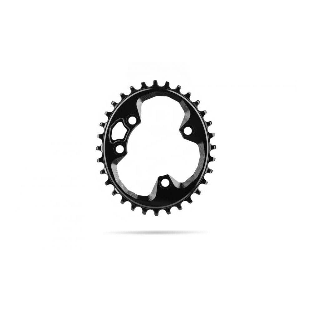 Absolute Black 34T MTB oval chainring with 76 BCD in black, designed for mountain bike components.