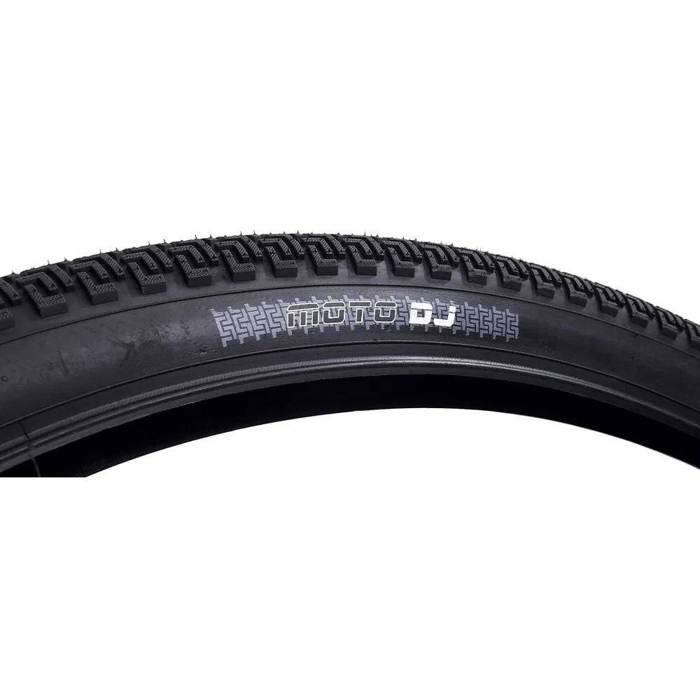 Black DMR Moto DJ 26x2.2 folding MTB and BMX tyre with urban and off-road tread for versatile cycling performance.