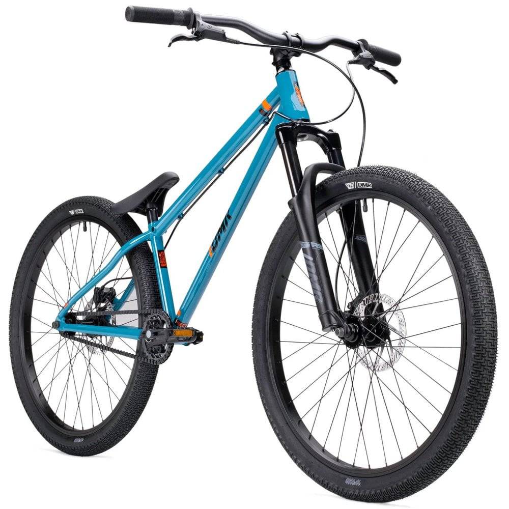 DMR Bikes Sect dirt jump bike with tapered head tube and hydroformed chainstays, designed for off-road stunt riding.
