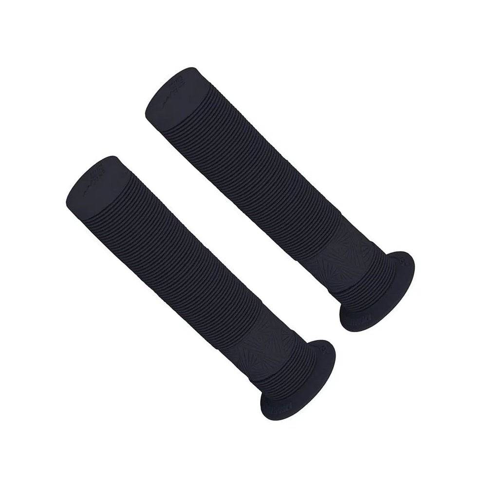 DMR Sect bike grips with durable thumb patch, suitable for street, park, and dirt jump riding, close-up view of textured rubber grips.