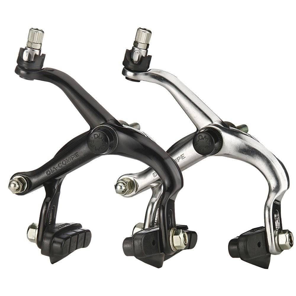 Dia-Compe 505Q road bike brakes with twist quick release for 45-57mm rims, showcasing their sleek metallic design and brake arms.