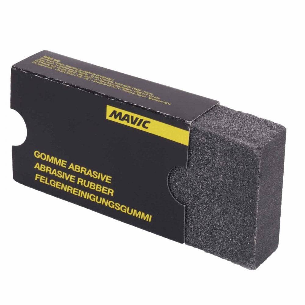 Mavic abrasive rubber tool for cleaning ceramic and UB control brake tracks, used in workshop maintenance.