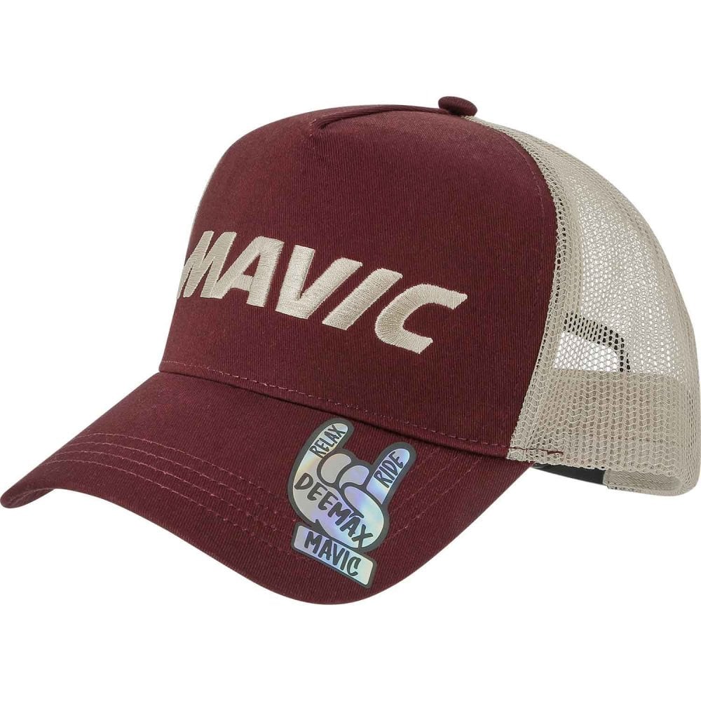 Mavic trucker cap with mesh panels and adjustable snapback, outdoor headwear for sun protection and ventilation.
