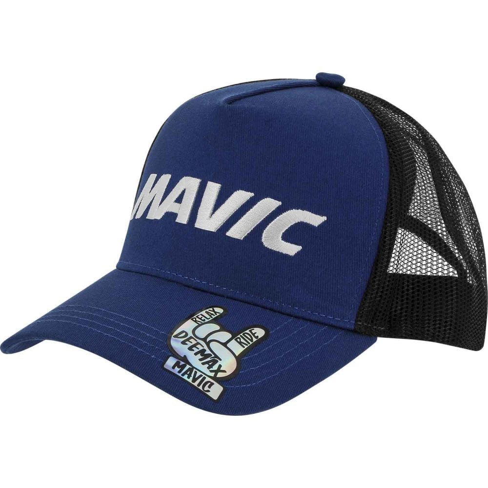 Mavic trucker cap with mesh panels and adjustable snapback, outdoor headwear for sun protection and ventilation.