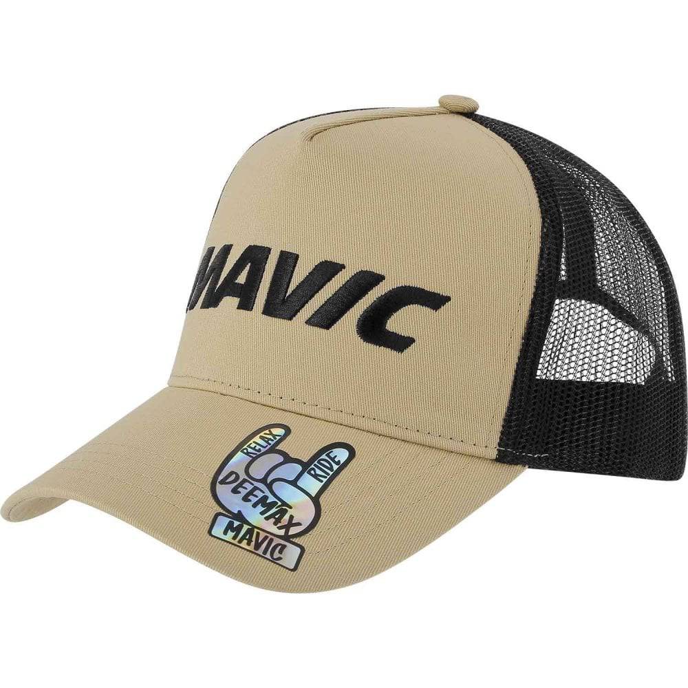 Mavic trucker cap with mesh panels and adjustable snapback, outdoor headwear for sun protection and ventilation.