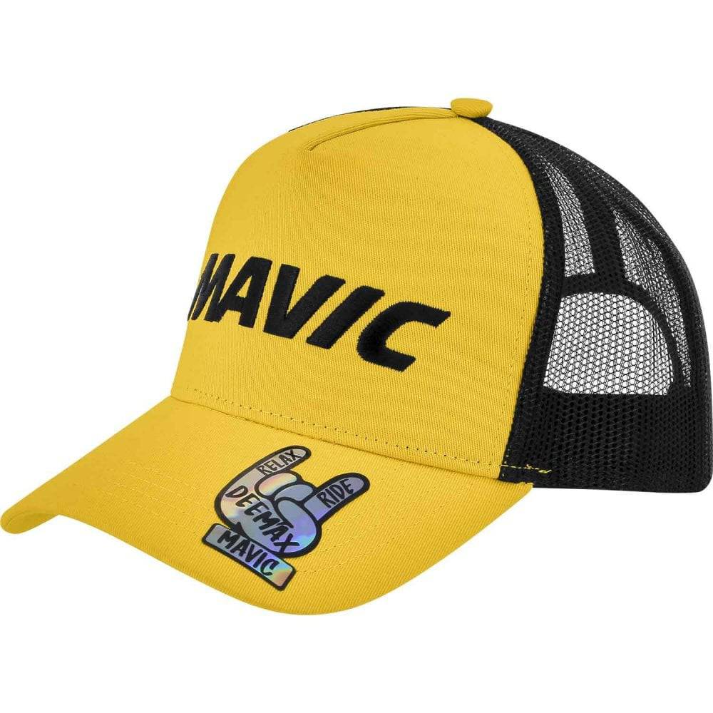 Mavic trucker cap with mesh panels and adjustable snapback, outdoor headwear for sun protection and ventilation.
