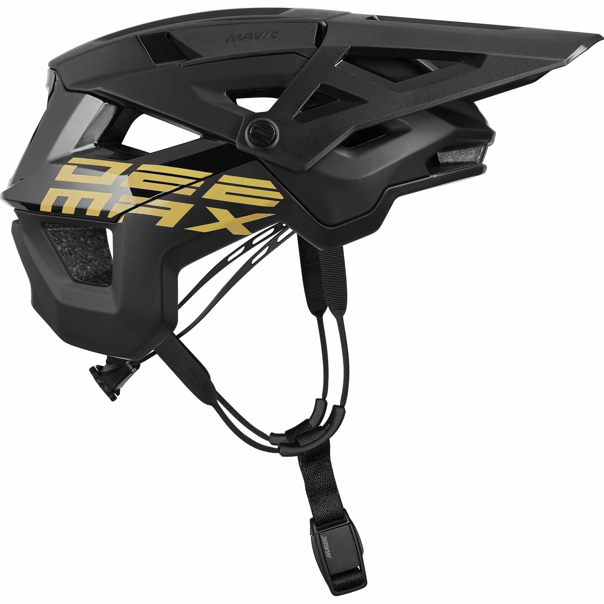 Mavic Deemax Pro MIPS mountain bike helmet with advanced protection and ventilation, shown from the side with adjustable straps.