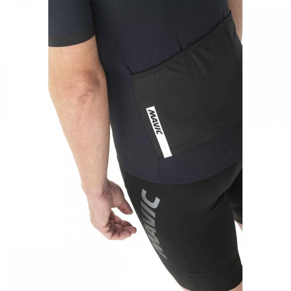 Mavic Aksium short sleeve cycling jersey with UPF 30 sun protection and reflective details, designed for active cycling wear.
