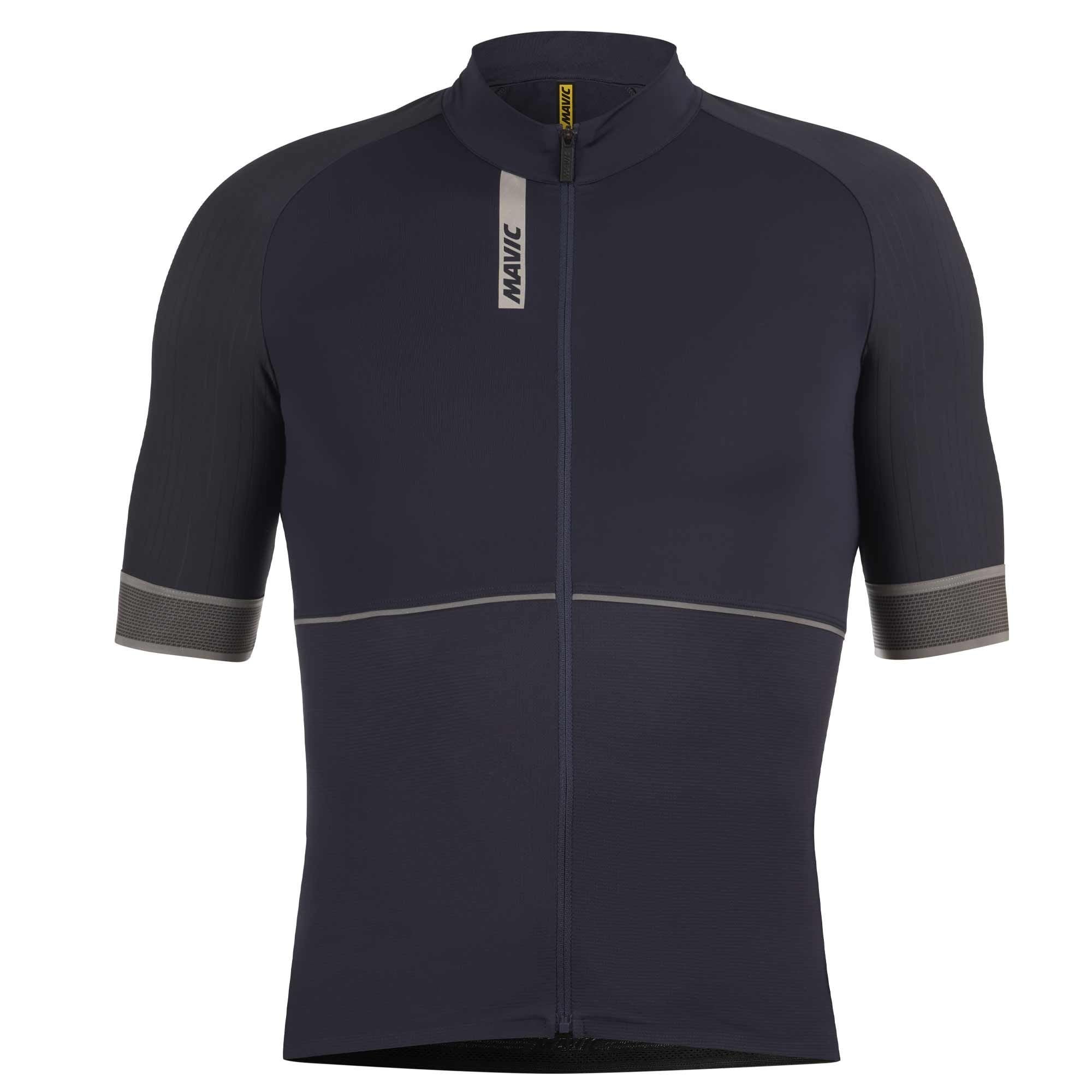 Mavic Ksyrium short sleeve cycling jersey with UV protection, reflective details, lightweight fabric, and breathable design for cyclists.