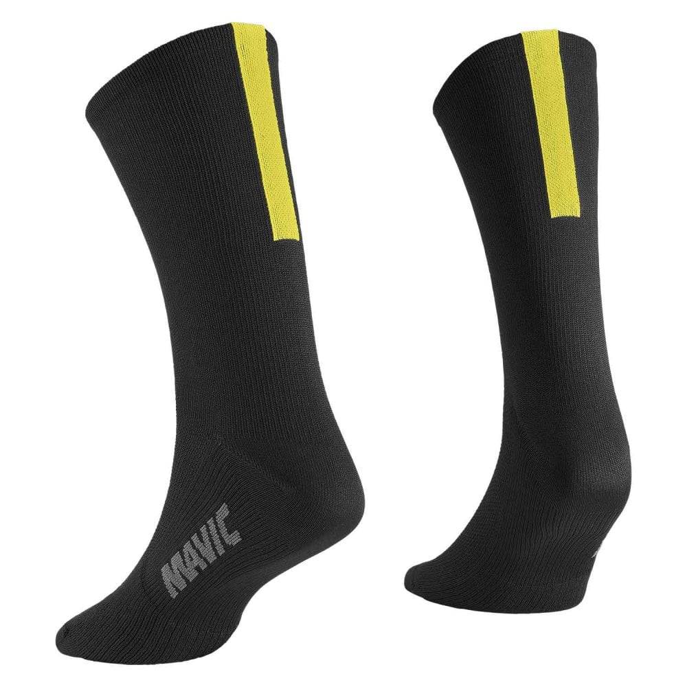 Mavic Essential high cycling socks with breathable fabric, cushioned support, and antimicrobial features for comfortable riding.