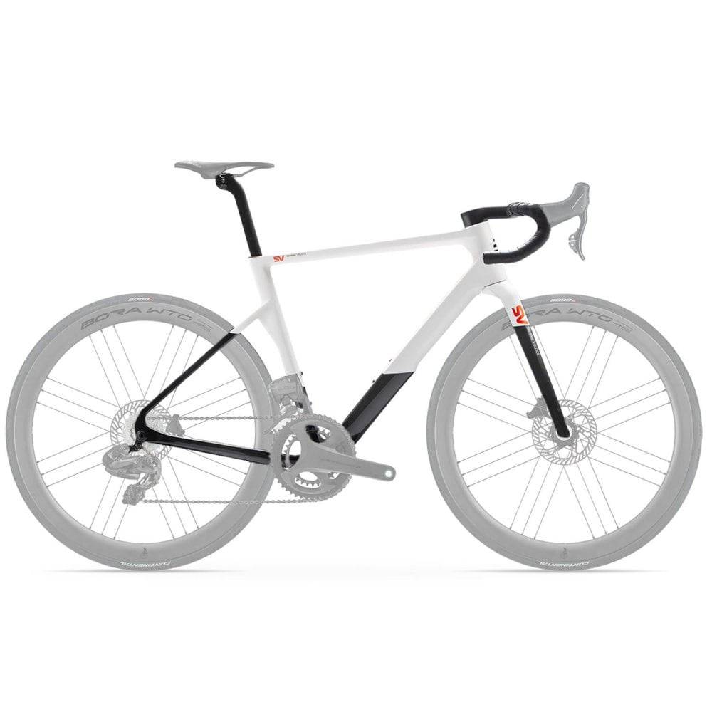 Basso SV Burano white road bike frameset with integrated handlebars and aerodynamic design, showcasing lightweight cycling components.