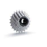 Miche Primato 11X Campagnolo 11-speed road bike cassette showing metal cogs and black body for smooth shifting.
