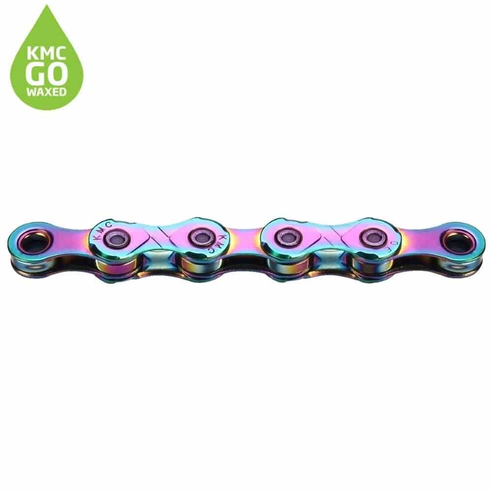 KMC X11 Aurora Blue pre-waxed 11-speed bike chain with 118 links and X-Bridge technology, suitable for high-performance bicycles.