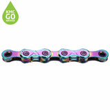 KMC X11 Aurora Blue pre-waxed 11-speed bike chain with 118 links and X-Bridge technology, suitable for high-performance bicycles.