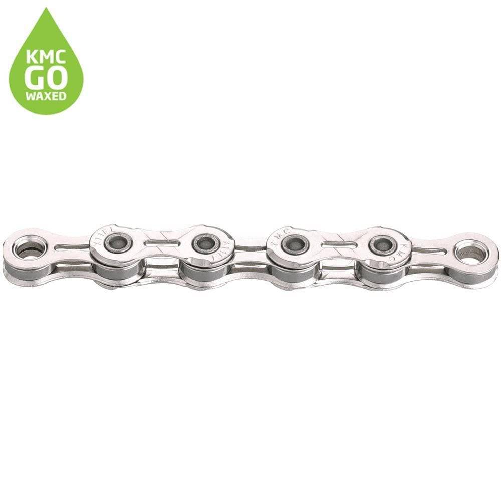 KMC X11El pre-waxed 11-speed bike chain with 118 links and titanium nitride coating, designed for durable bike component performance