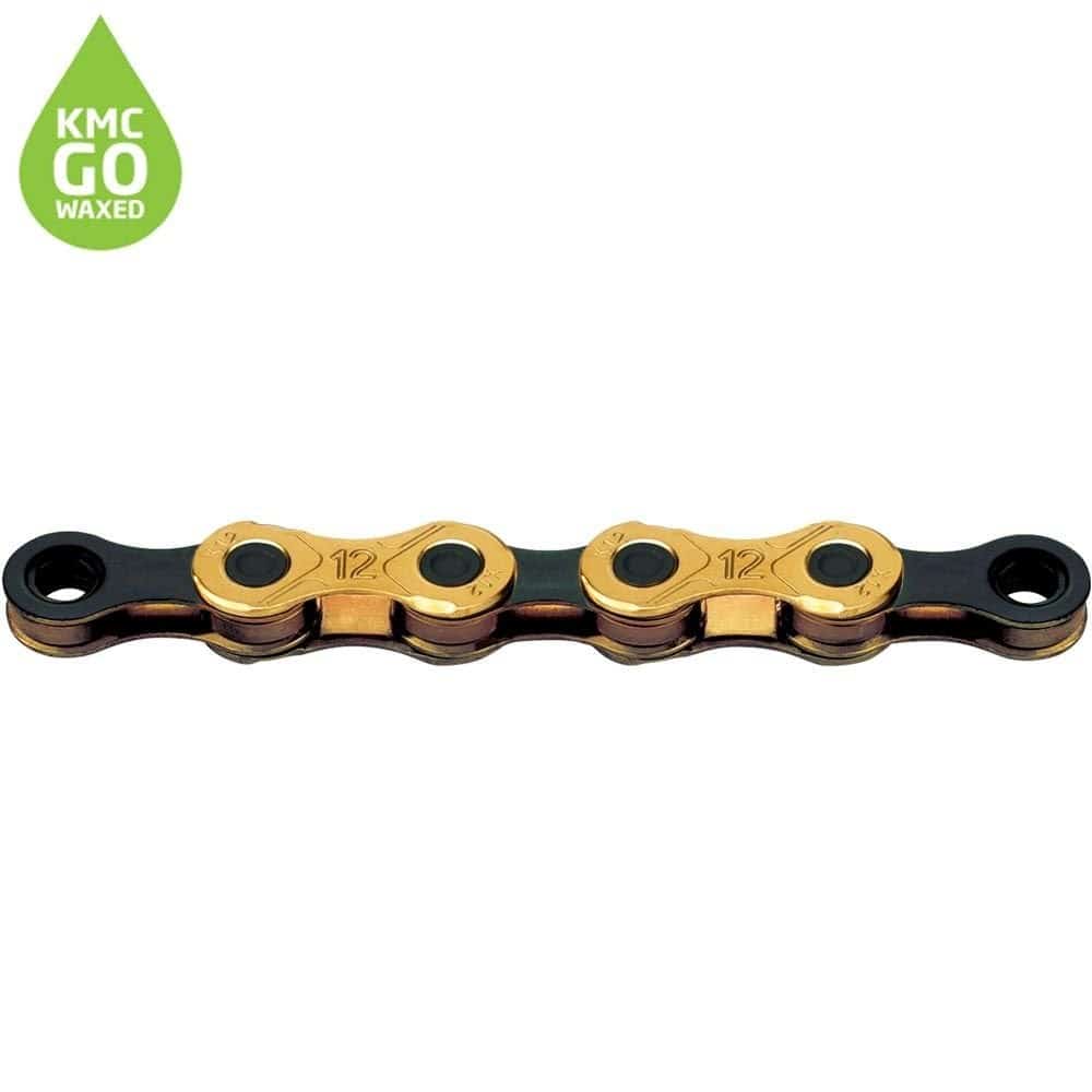 KMC X12 pre-waxed 12-speed bike chain with titanium coating, showcasing the durable, high-performance cycling component.