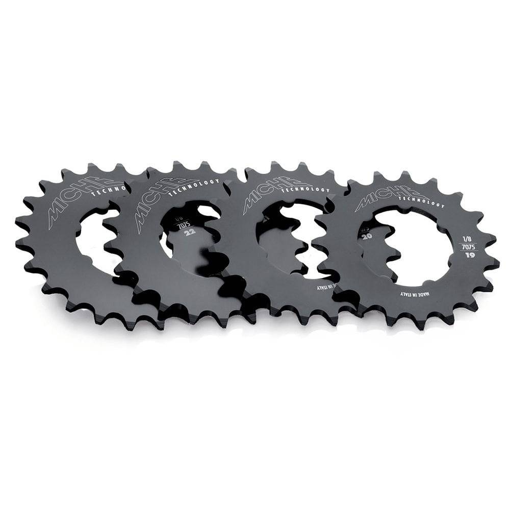 Miche 1/8 fixed sprockets with carrier track system for quick gear changes, bicycle bike components, close-up view